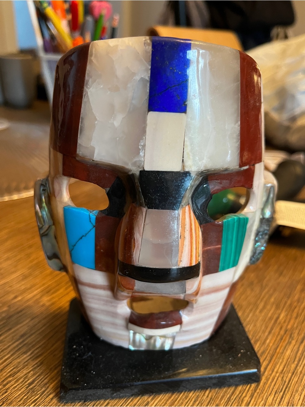 Handcrafted Inlay Stone Mask Sculpture in Multicolor